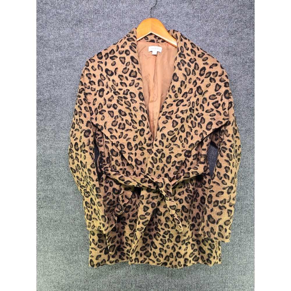 Mud Pie Leopard Print Wrap Coat Brown Black Animal Print Wool Blend Small